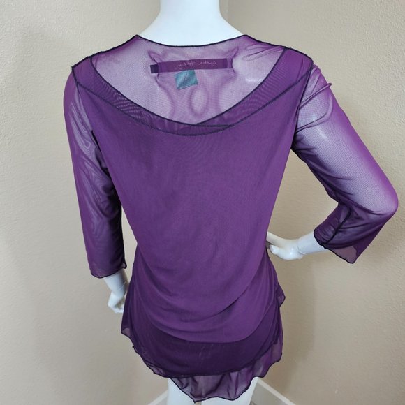 CYNTHIA ASHBY Purple Nylon Sheer 3/4 Sleeve Layered Top~Size S - Picture 5 of 11